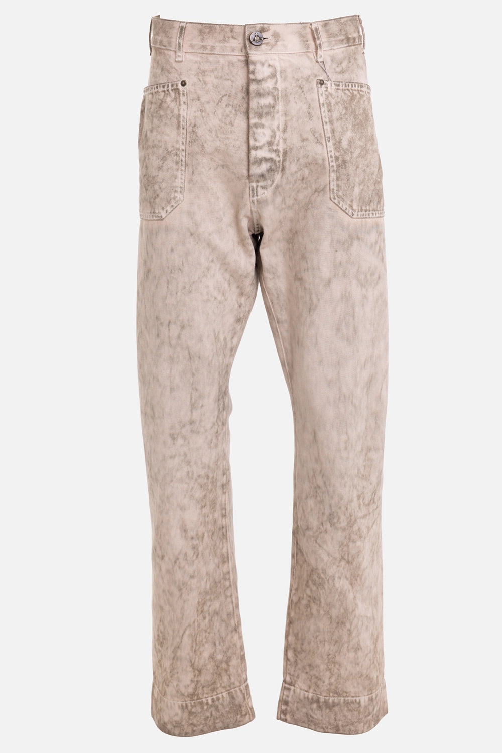 Vivienne Westwood men's carpenter jeans in washed beige, front view, marbled wash and patch front pockets