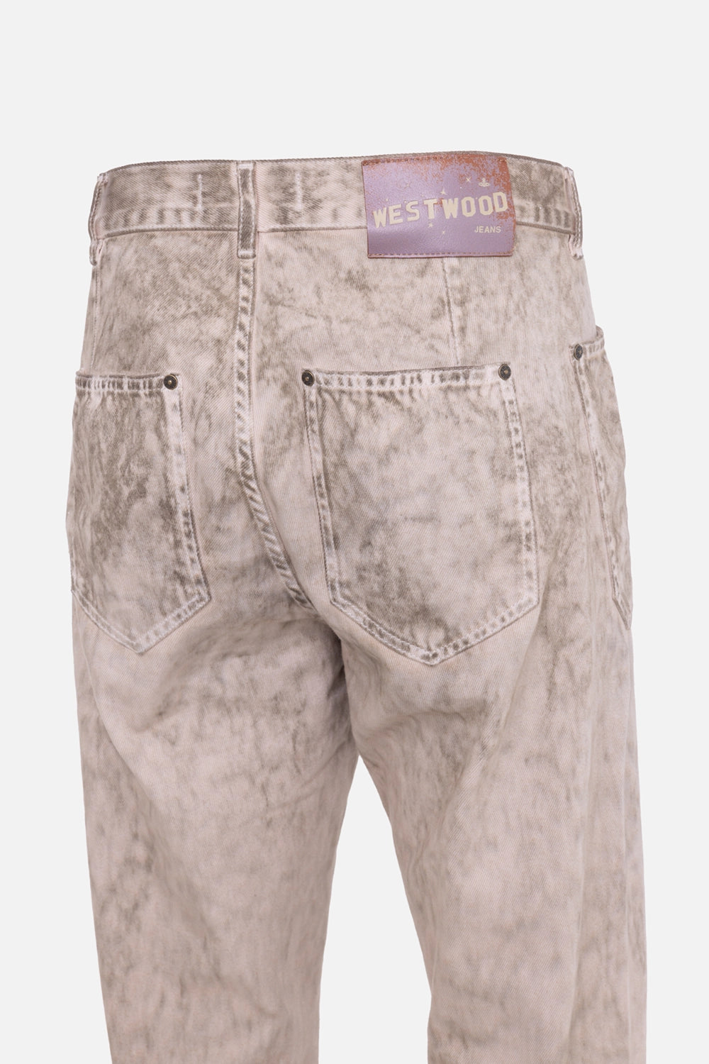 Vivienne Westwood men's carpenter jeans in washed beige, logo detail view, pink Westwood Jeans back patch