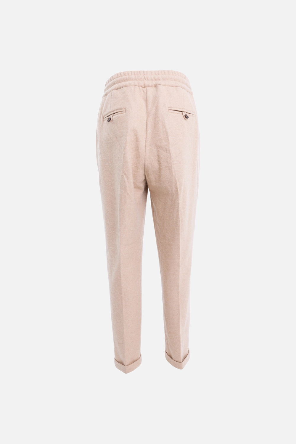 Pre-owned Kiton men's cashmere drawstring pants in camel, front view, tapered leg with turn-up cuffs