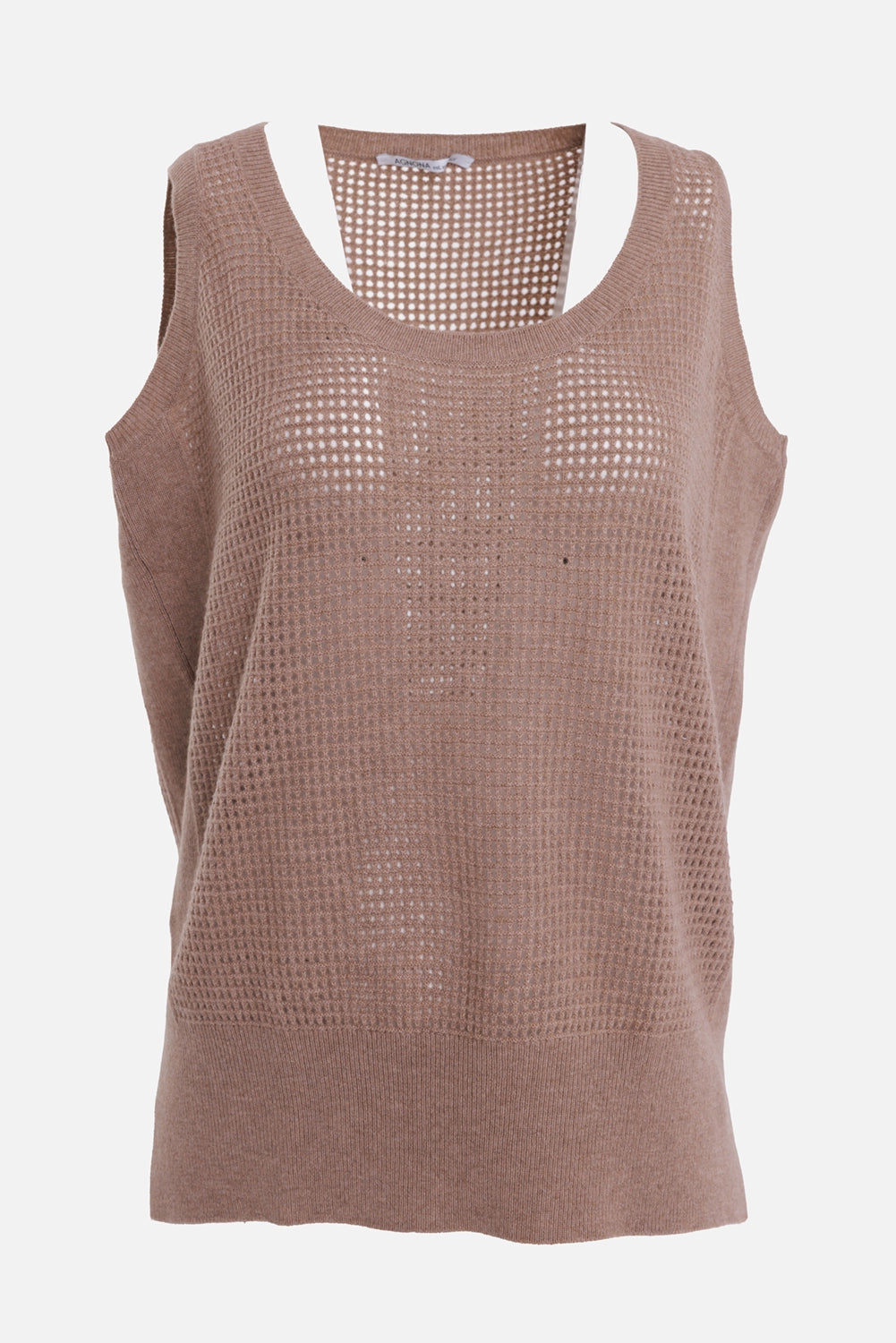 Agnona women's cashmere mesh tank top in camel, front view, scoop neck and ribbed hem