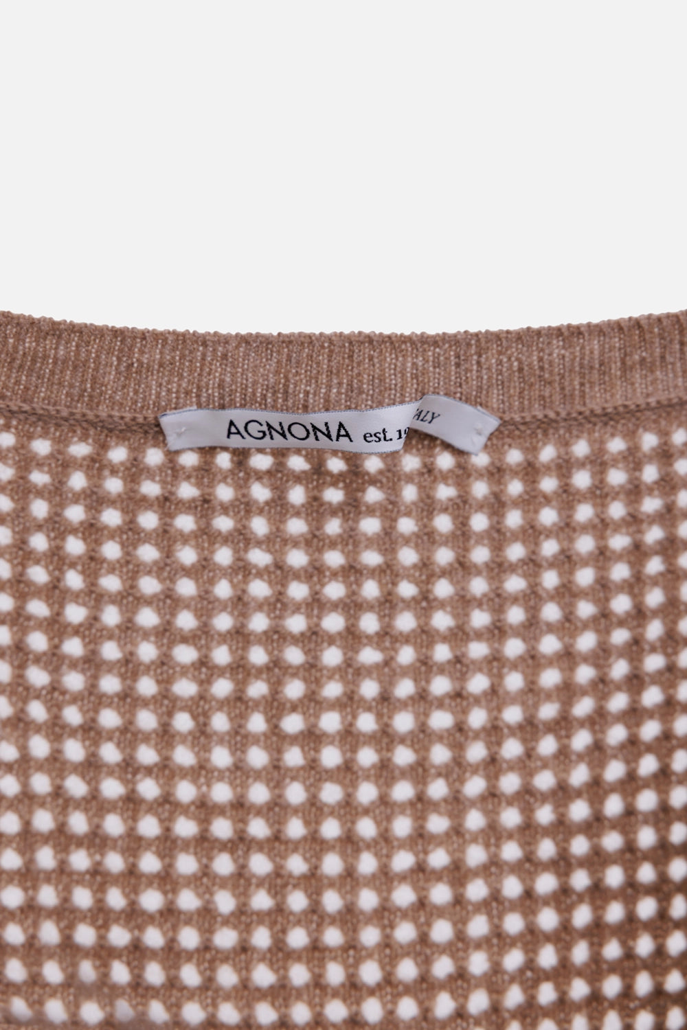 Agnona women's cashmere mesh tank top in camel, label view, open knit and ribbed neckline