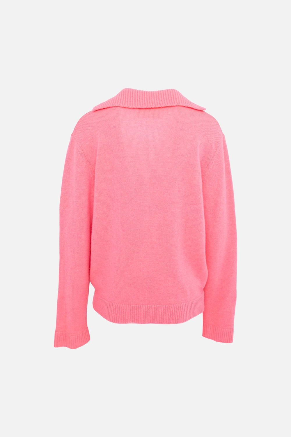 Pre-owned Lisa Yang women's cashmere polo sweater in pink, back view, relaxed shoulders and rib-knit hem