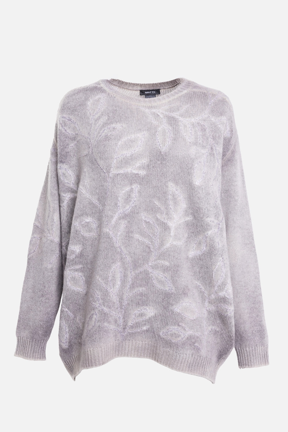 Avant Toi women's sweater in Grey, front view, crew neck and ribbed cuffs with tonal floral motifs