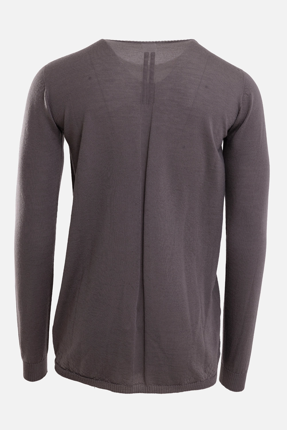 Rick Owens men's cashmere sweater in dark pearl, back view with a central spine seam and nape bar detail