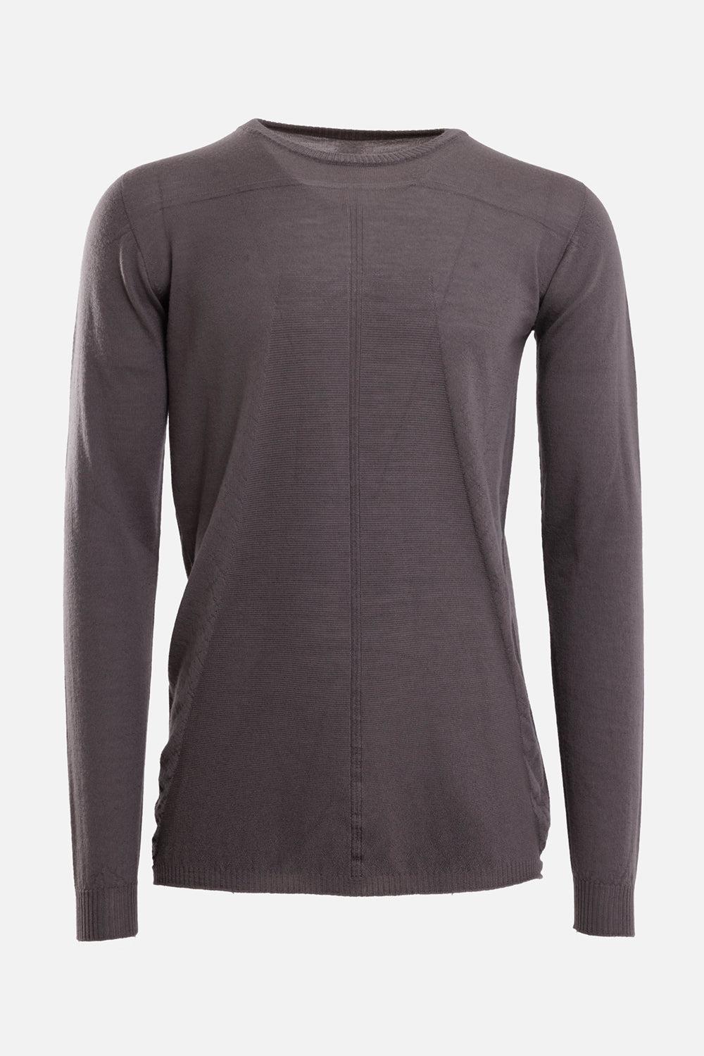 Rick Owens men's cashmere sweater in dark pearl, front view with level shoulder seams and a central knit line