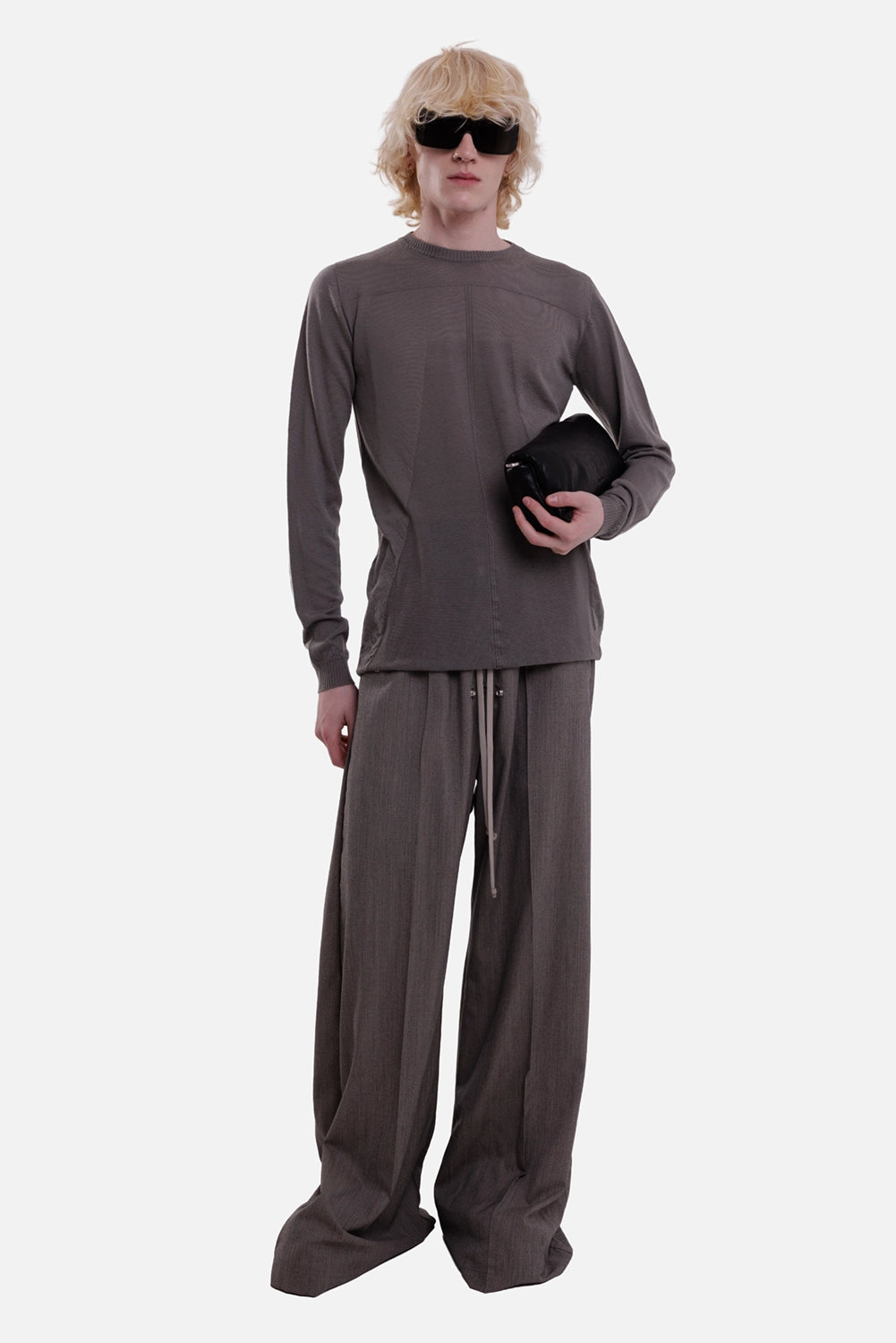 Rick Owens men's cashmere sweater in dark pearl, full-length view with a slim body and ribbed cuffs