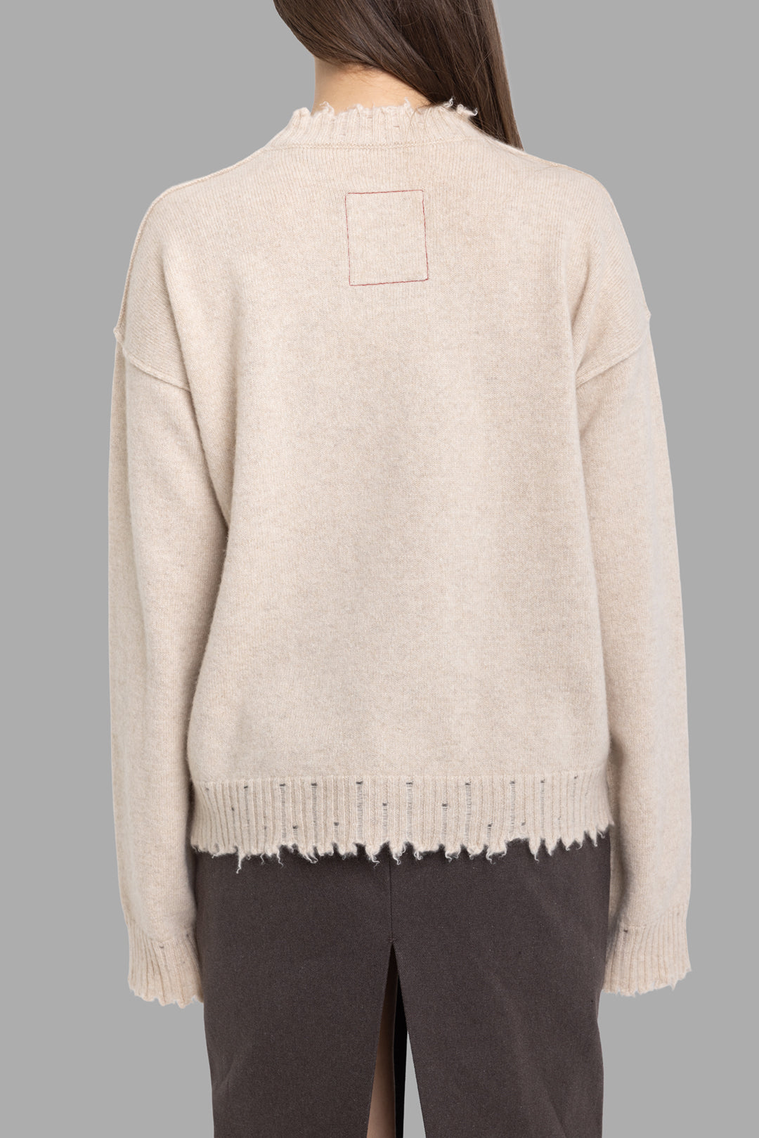 Uma Wang women's tan cashmere sweater, back view, relaxed drape and frayed rib hem