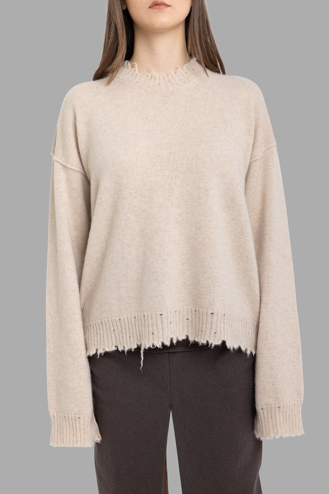 Uma Wang women's tan cashmere sweater, front view with distressed ribbed neckline and hem
