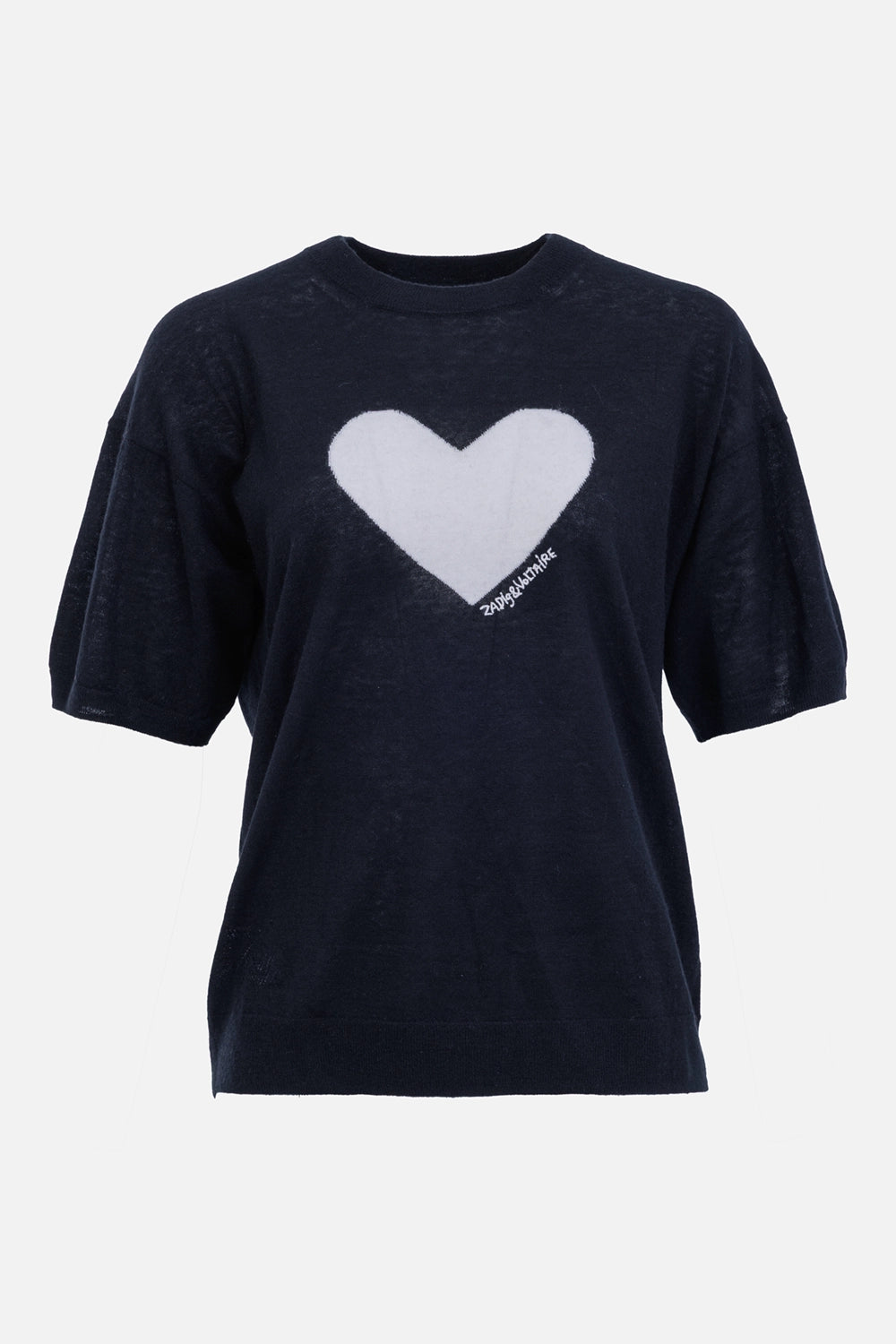 Zadig & Voltaire women's black cashmere T-shirt, front view with white heart intarsia and crew neckline