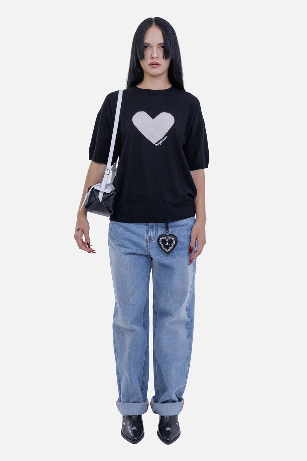 Zadig & Voltaire women's black cashmere T-shirt, on-model view with heart motif and relaxed fit