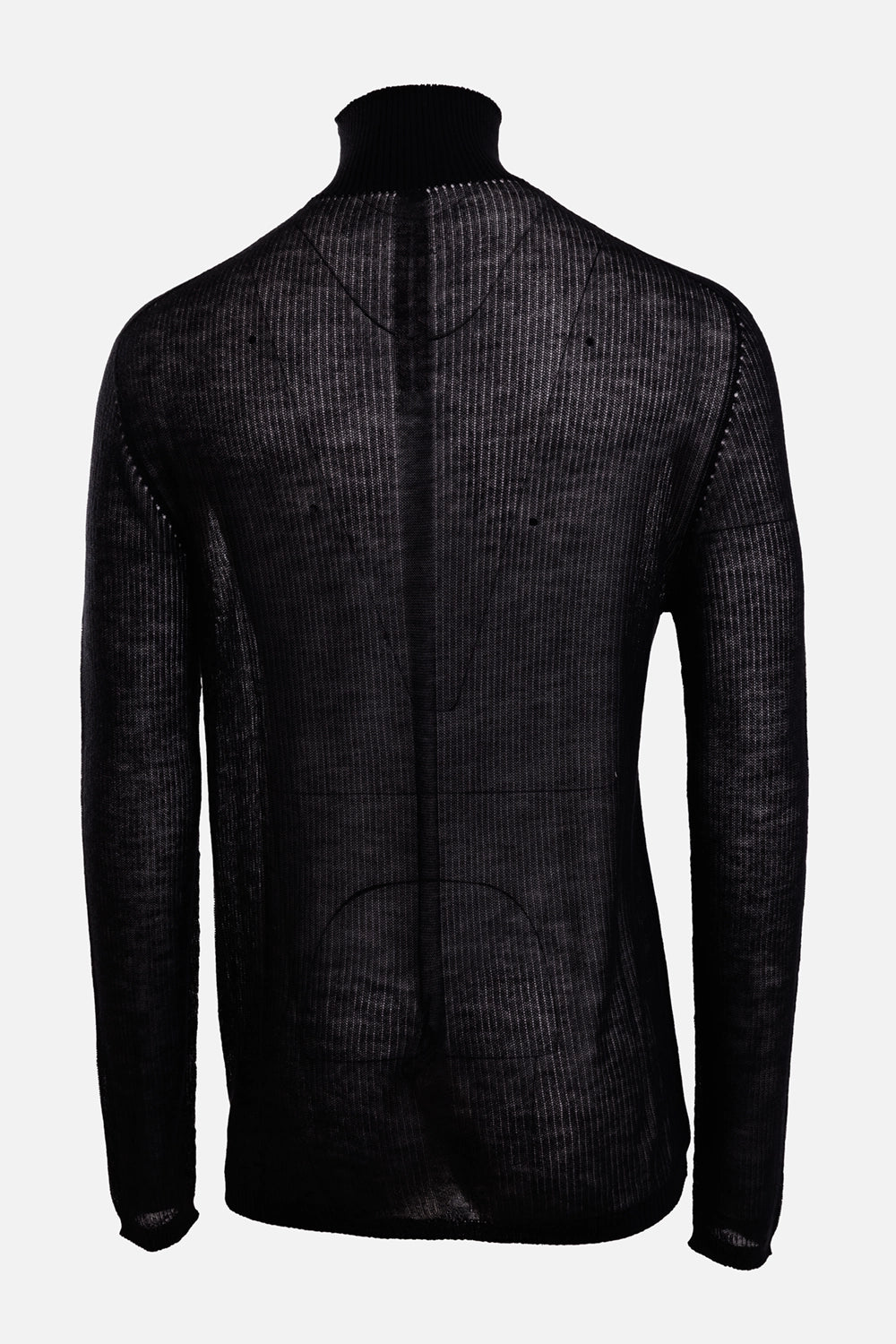 Rick Owens men's cashmere turtleneck in black, back view with a central knit channel and long sleeves