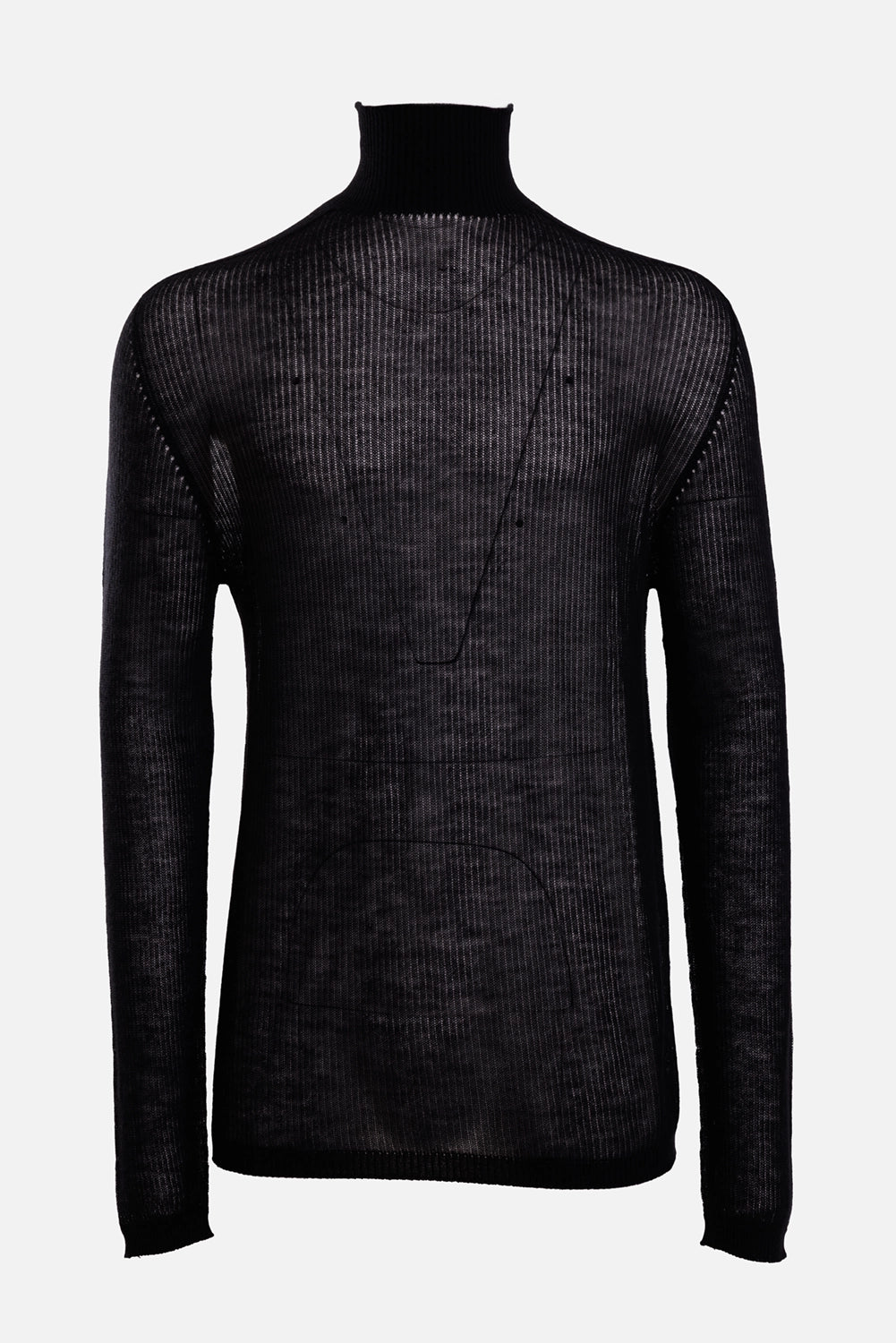 Rick Owens men's cashmere turtleneck in black, front view with a ribbed high neck and level shoulder seams