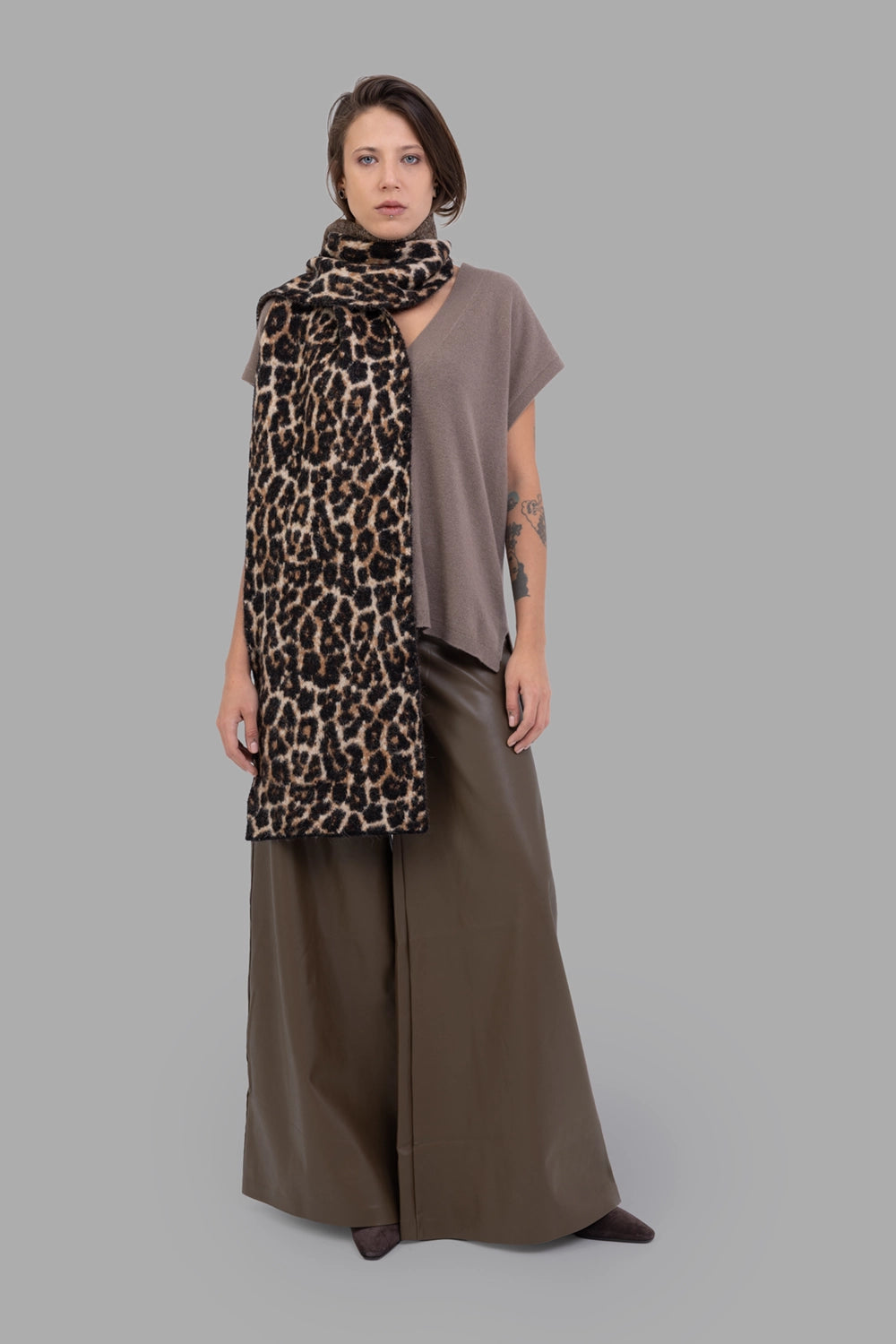 Joseph women cashmere vest in Mushroom, on-model full length, deep V neckline and relaxed drape