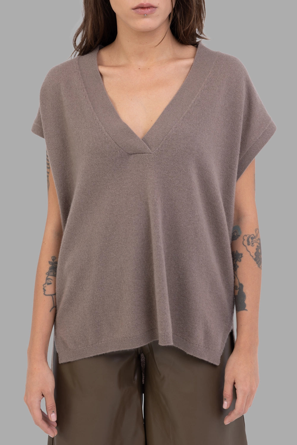 Joseph women cashmere vest in Mushroom, front view, deep V neckline and wide rib trim