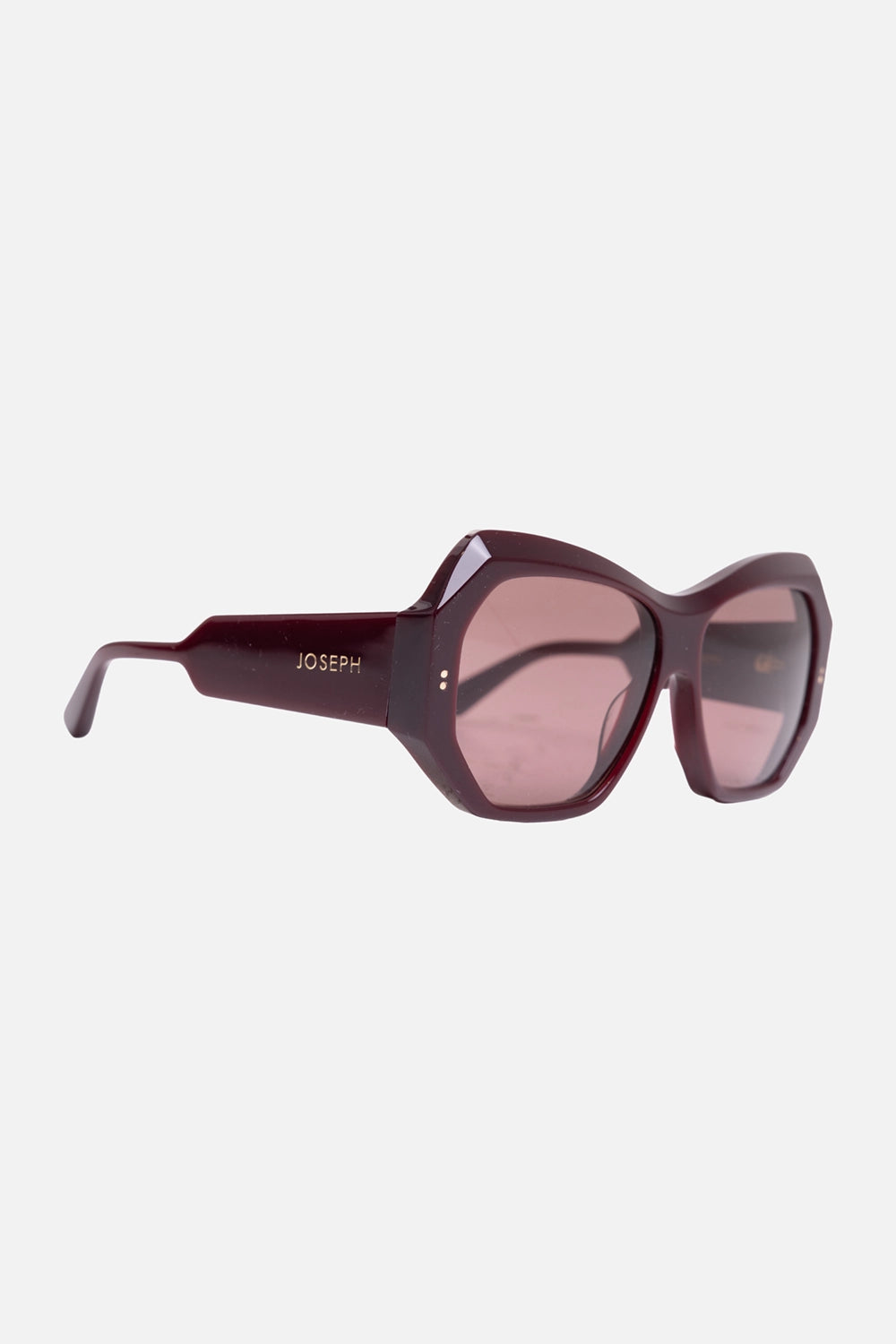 JOSEPH women's cat-eye sunglasses in plum, 3/4 view, wide logo temple and pink lenses