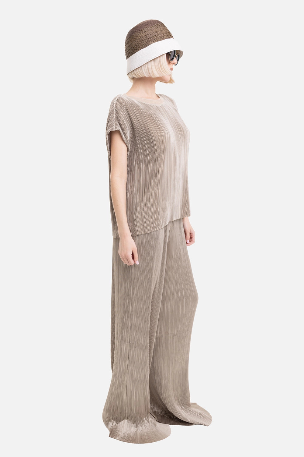 JOSEPH women's Cedre top in Powder, on-model full-length view, boxy hem with matching pleated pants