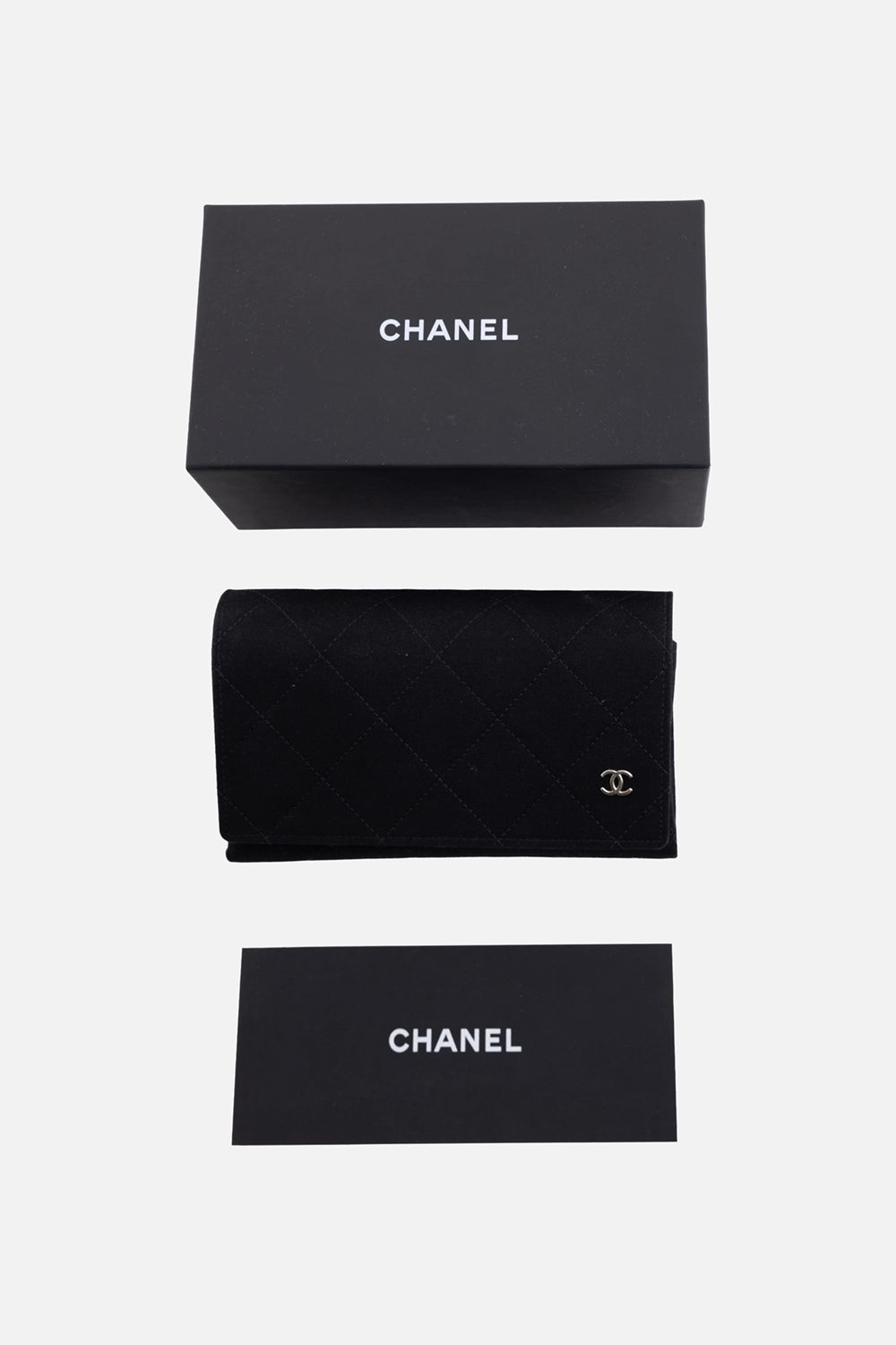 Chanel sunglasses accessories set with branded box and black quilted case featuring CC logo