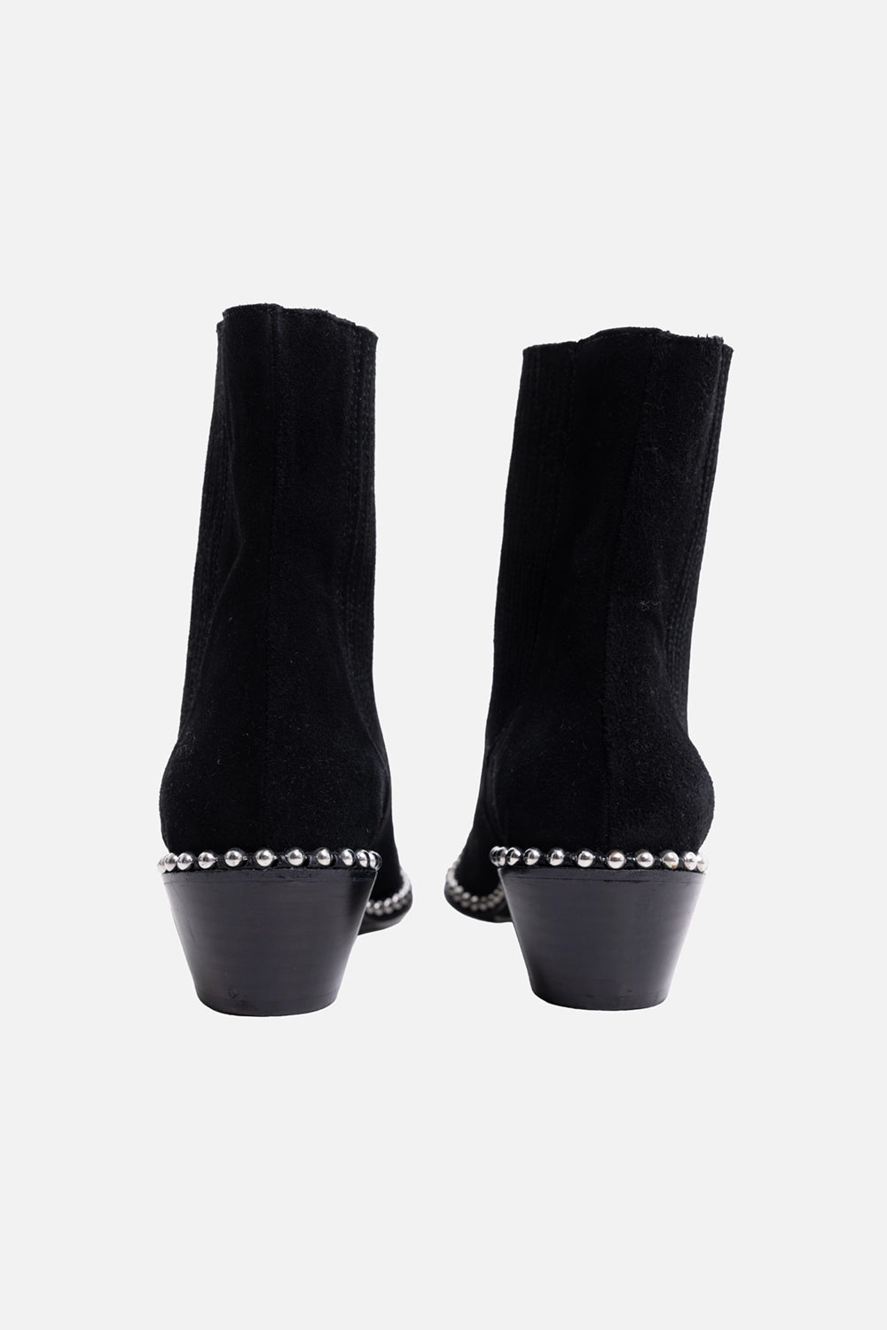 Pre-owned Zadig & Voltaire Chelsea boots in black, back view, low heel with silver studs along the rim