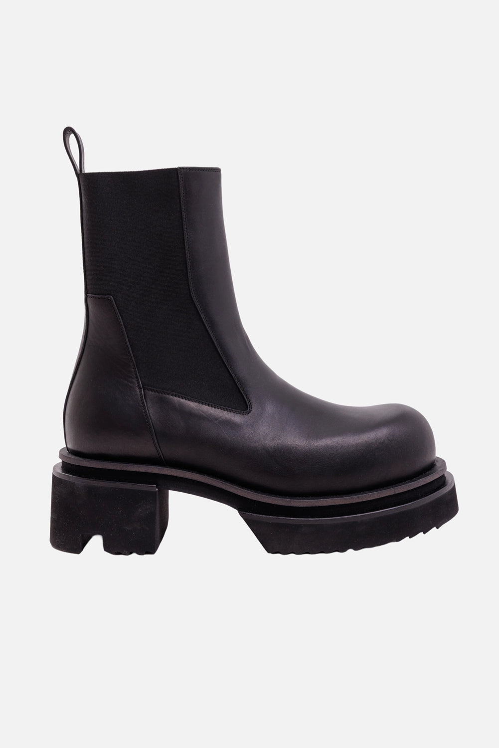 Rick Owens men's Chelsea boot in black, side view with elastic gusset, rounded toe and chunky split sole