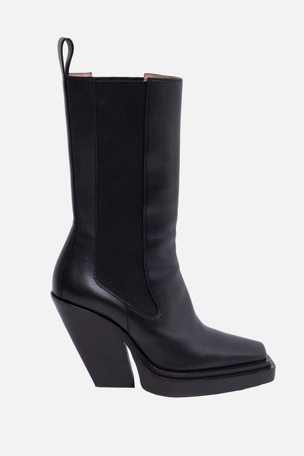 Pre-owned Bottega Veneta womens chelsea boots in black, side view, elastic gore panel and sculpted wedge heel