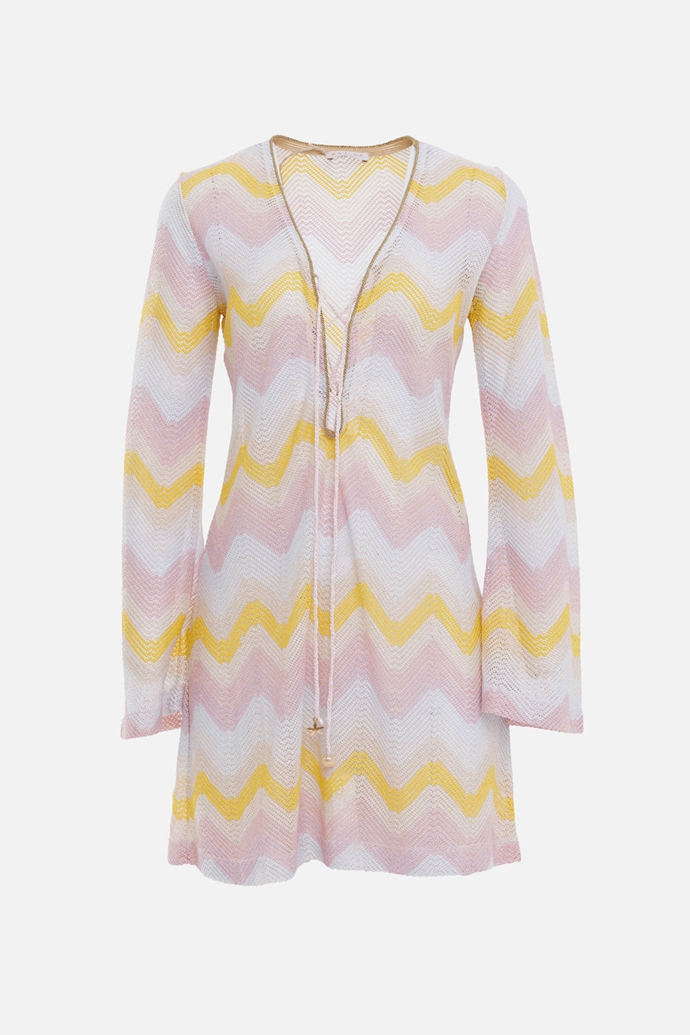 Anjuna women's mini dress in rose blush multirose, front view, chevron open knit and bead-tie cord
