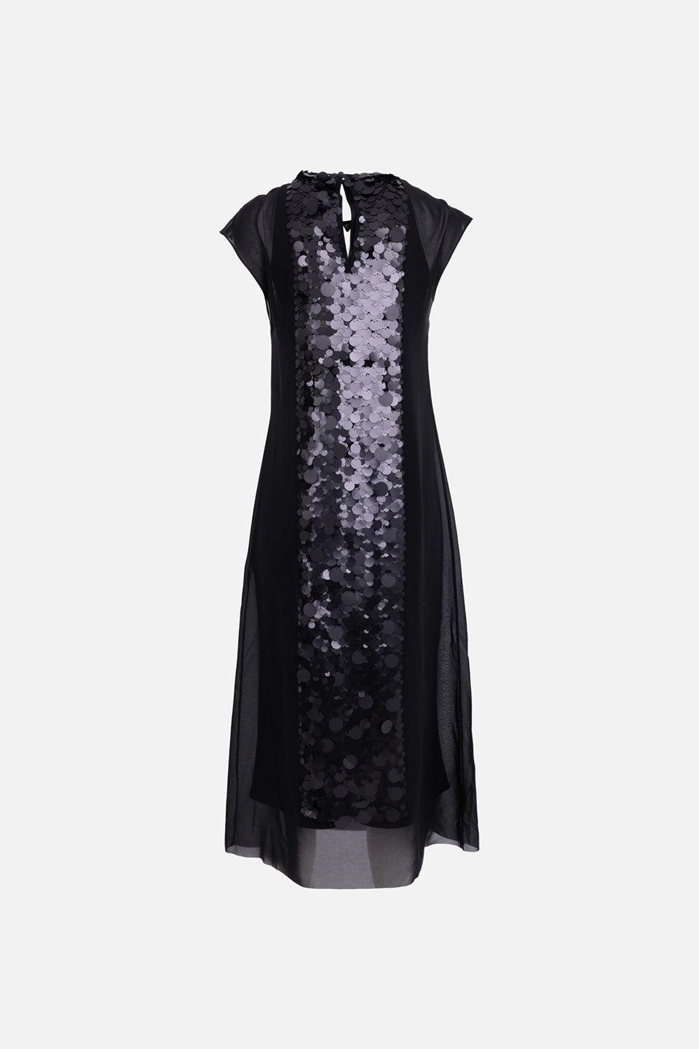 JOSEPH women's chiffon sequin dress in black, back view, keyhole opening at neckline with sheer overlay