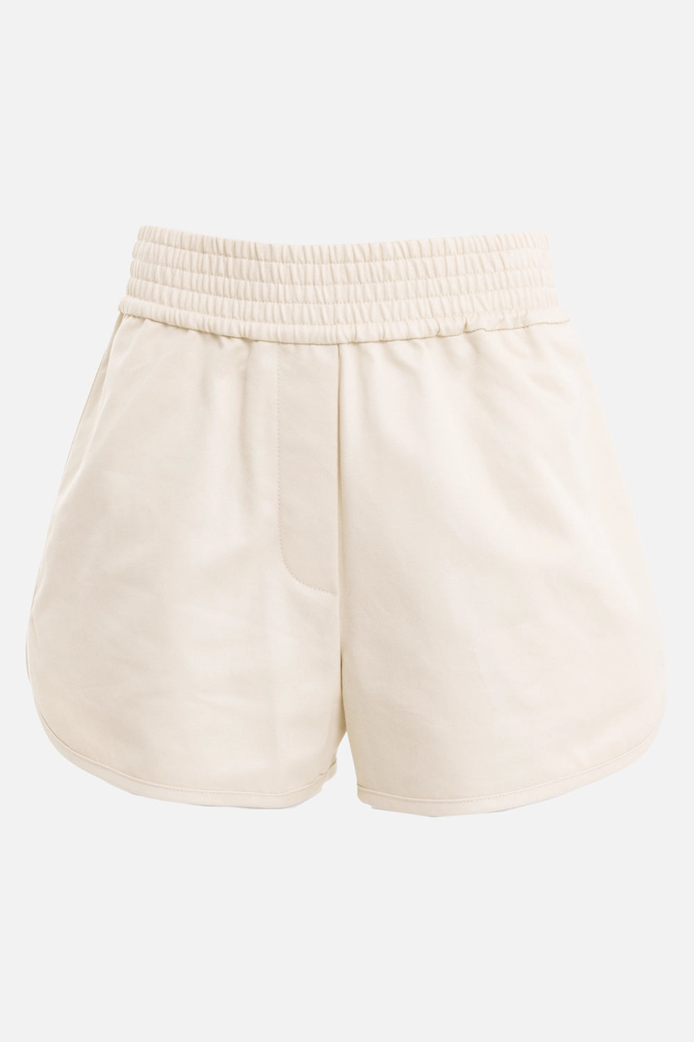 Helmut Lang women's boxer shorts in oatmeal, front view, faux fly and bound curved hems