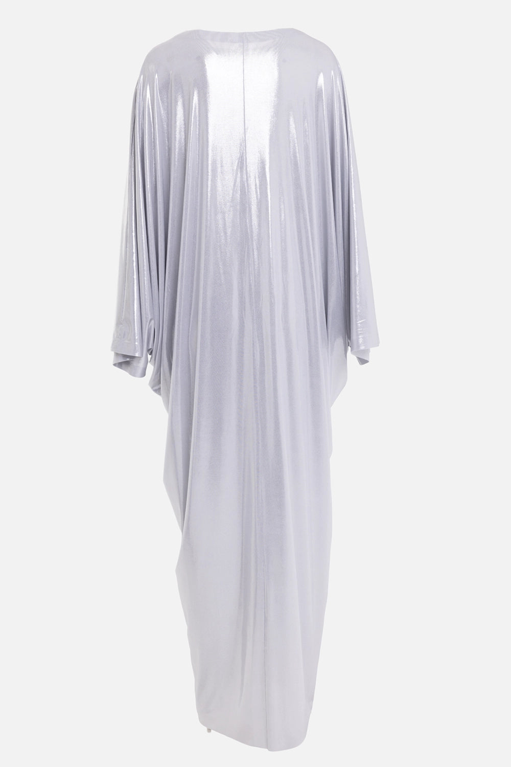 Norma Kamali women's Choir caftan dress in silver, back view with smooth metallic lamé and long draped sleeves
