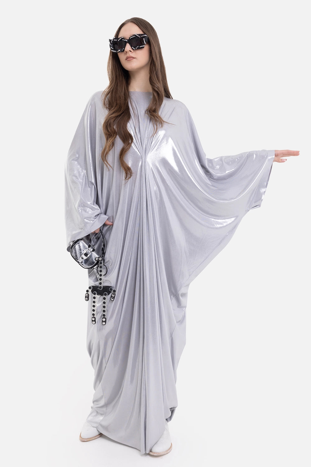 Norma Kamali women's Choir caftan dress in silver, on-model full length with dolman sleeves and front pleats