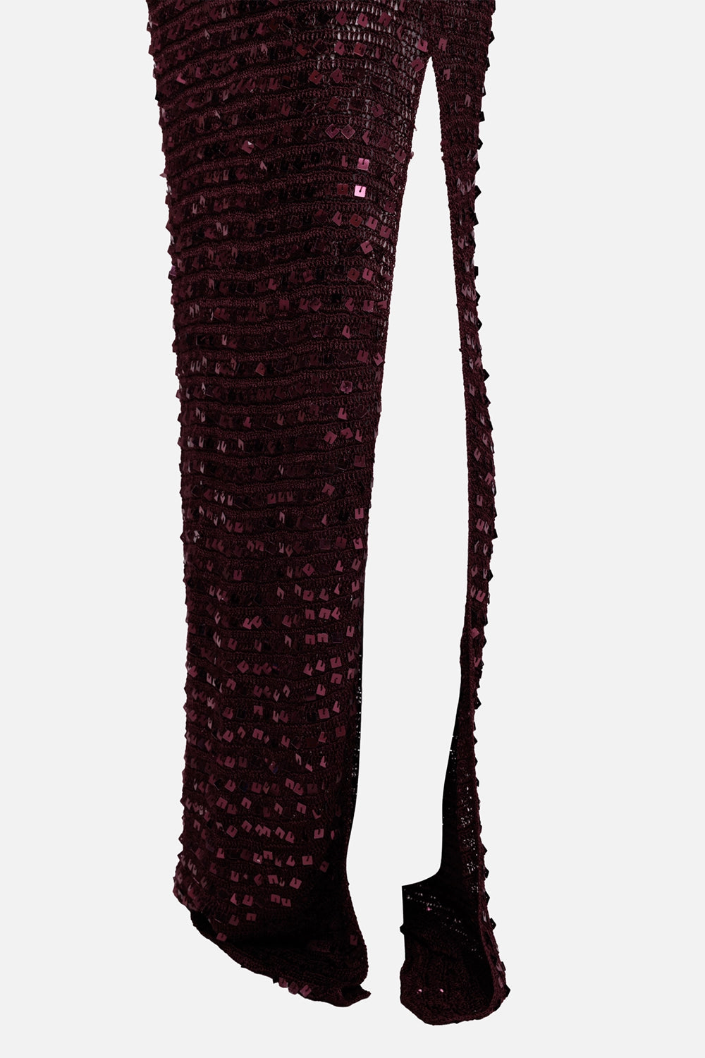 Aya Muse women's Chyha sequin maxi dress in burgundy, hem detail, side slit and square sequins