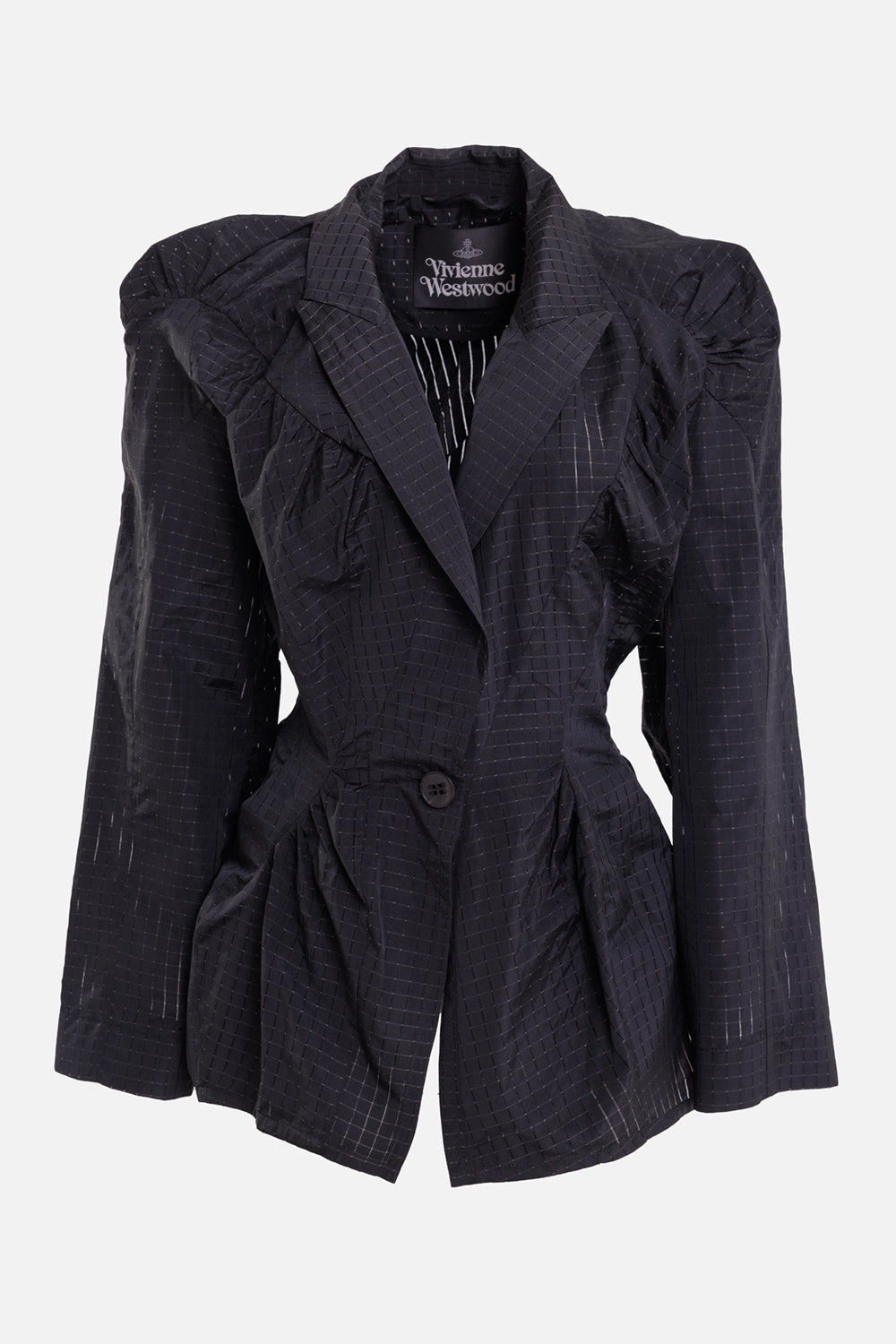Vivienne Westwood women's black Cloud jacket, front view with peak lapels, grid texture and one-button fastening