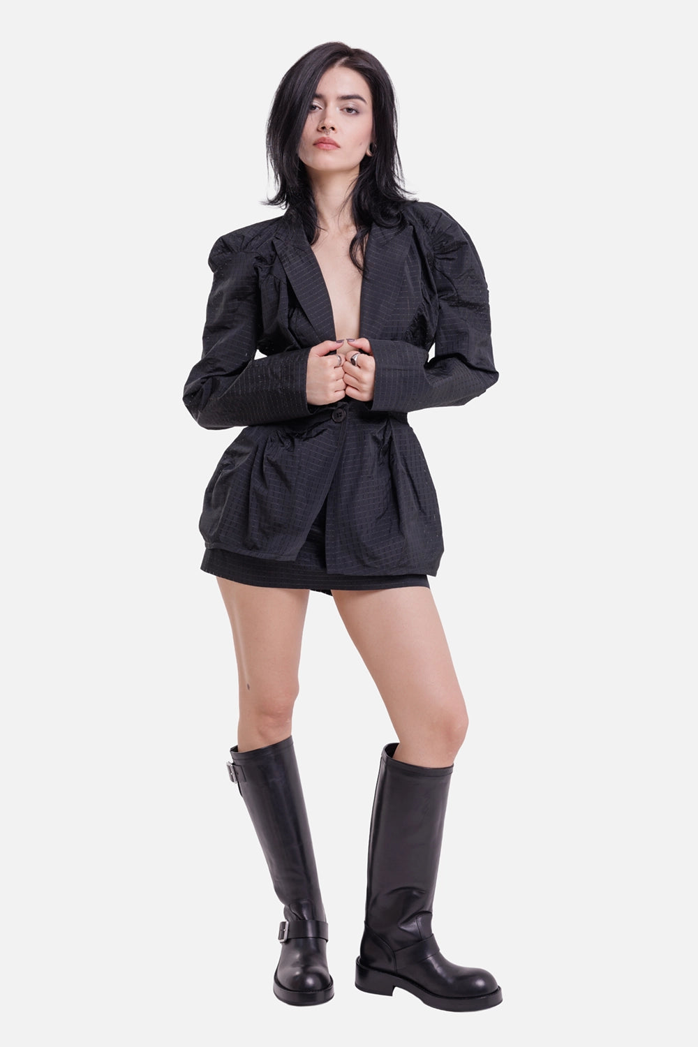 Vivienne Westwood women's black Cloud jacket, full-length model view with ruched shoulders and a cinched waist