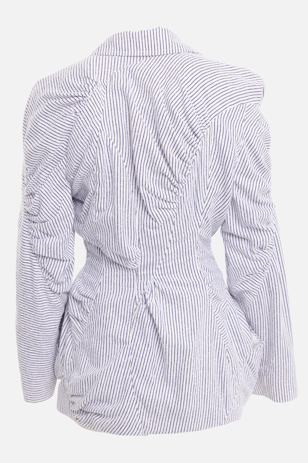 Vivienne Westwood women's Cloud jacket in blue/brown stripe, back view with gathered panels and shaped shoulders