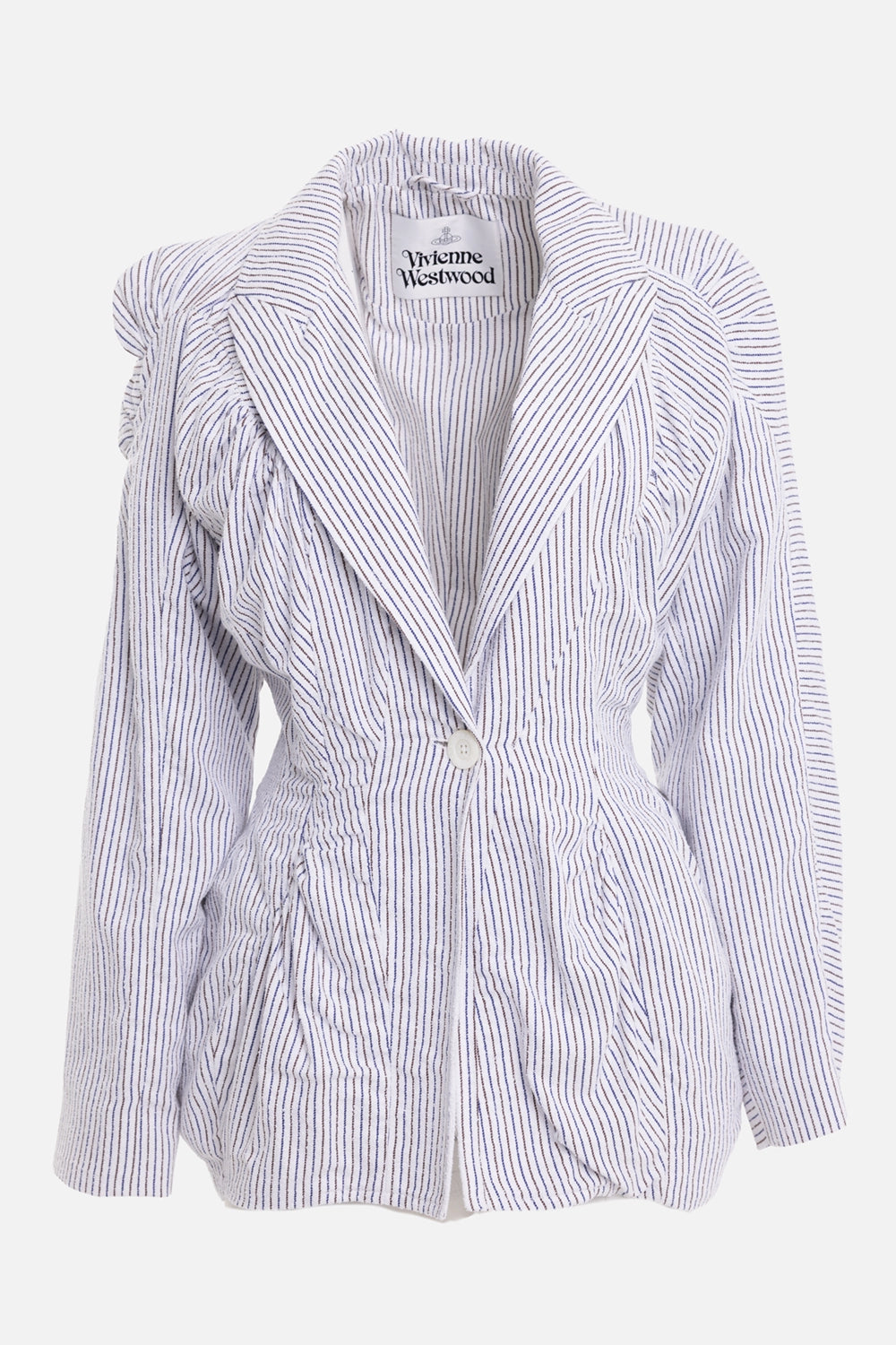 Vivienne Westwood women's Cloud jacket in blue/brown stripe, front view with wide lapels and ruched waist