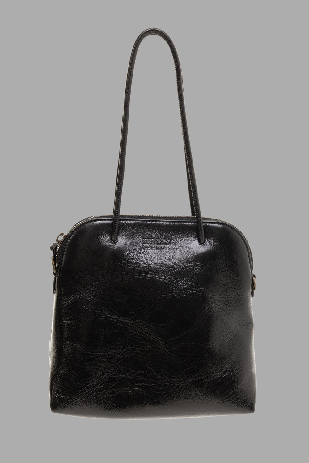 Uma Wang women’s clutch bag in black, front view, curved top and rolled handles, glossy calf leather