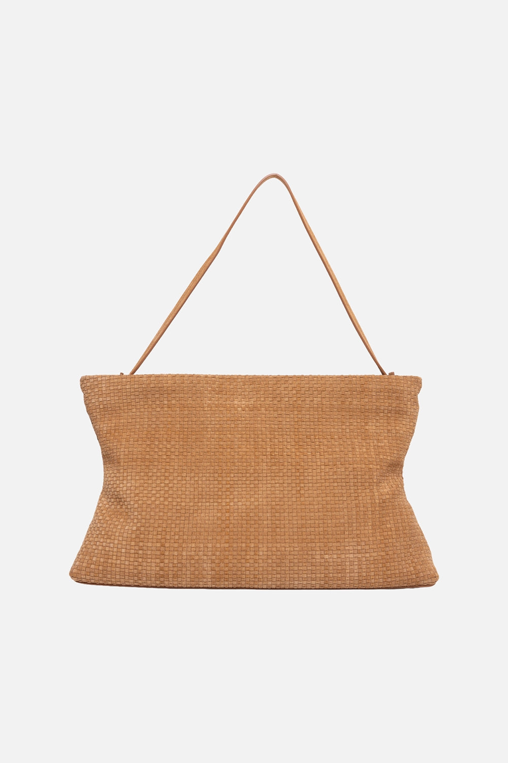 Marsèll women’s clutch in wood suede, front view, wide woven panel with soft hourglass silhouette