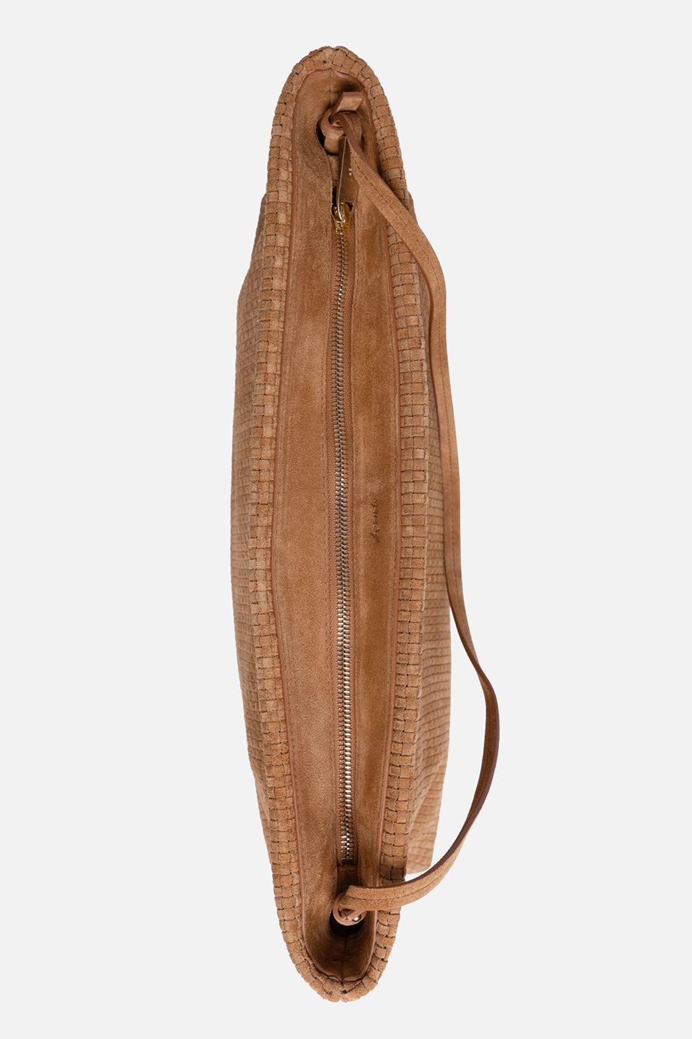 Marsèll women’s clutch in wood suede, top view, concealed zip closure with suede trim and wrist strap