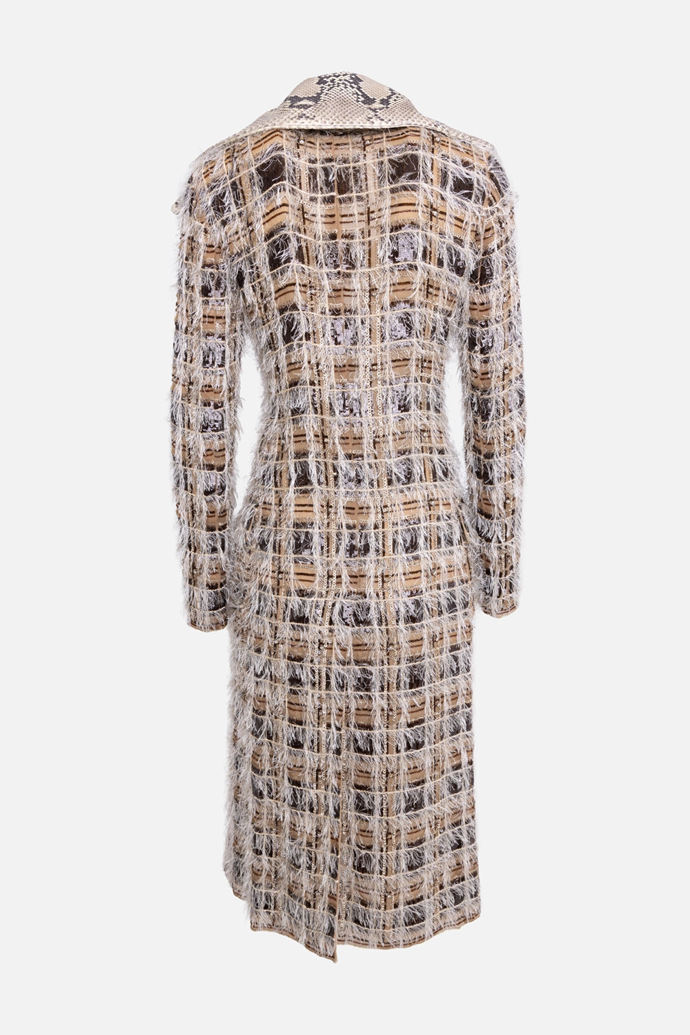 Pre-owned Dolce & Gabbana women’s coat in beige/multi, back view, textured grid weave with fringe and stripe pattern