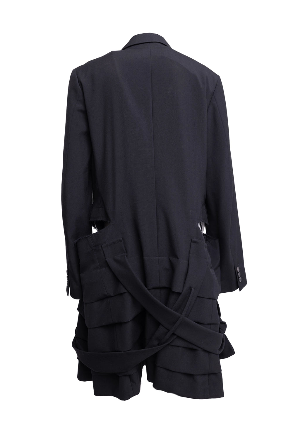 Pre-owned Comme des Garçons women’s coat in black, back view, long silhouette with layered frill panels and strap detailing