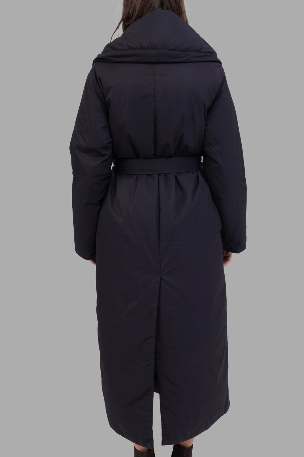 JOSEPH women padded coat in black, back view, shawl collar and center back vent.