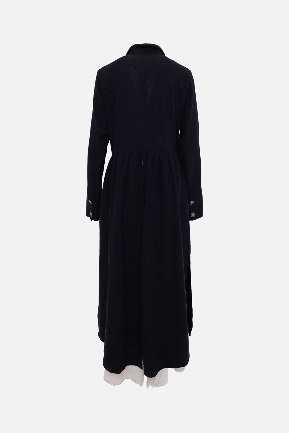 Pre-owned Sanctamuerte women's coat in black, back view, longline silhouette with buttoned cuffs