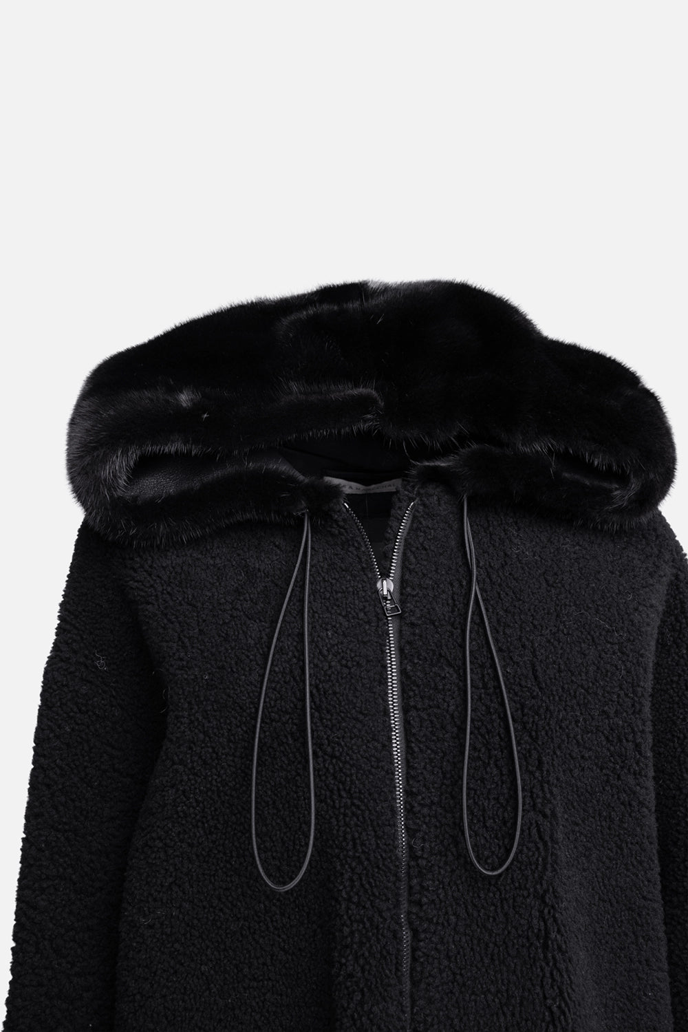 Pre-owned Inès & Maréchal coat in black, collar detail, mink-trim hood with drawstrings and visible zipper pull