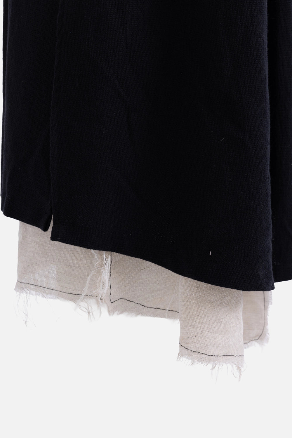 Pre-owned Sanctamuerte women's coat in black, hem close-up, contrast raw-edge underlayer fabric