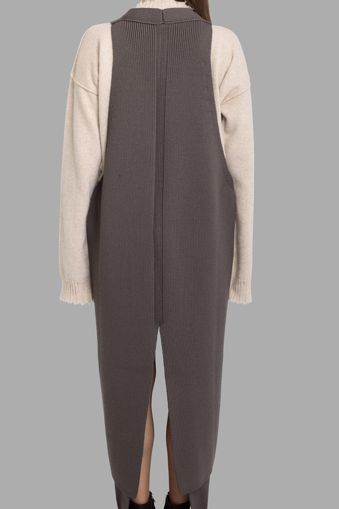 Rick Owens women sleeveless knit coat in Darkdust, back view, signature central knit channel and long vent