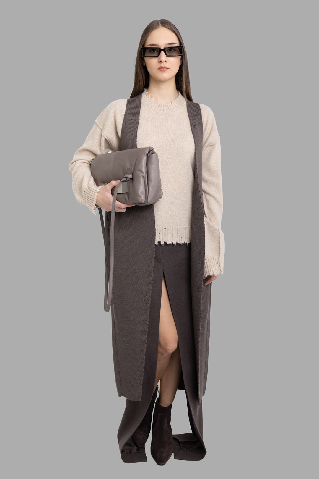 Rick Owens women sleeveless knit coat in Darkdust, on-model full length, below-knee column and front slit