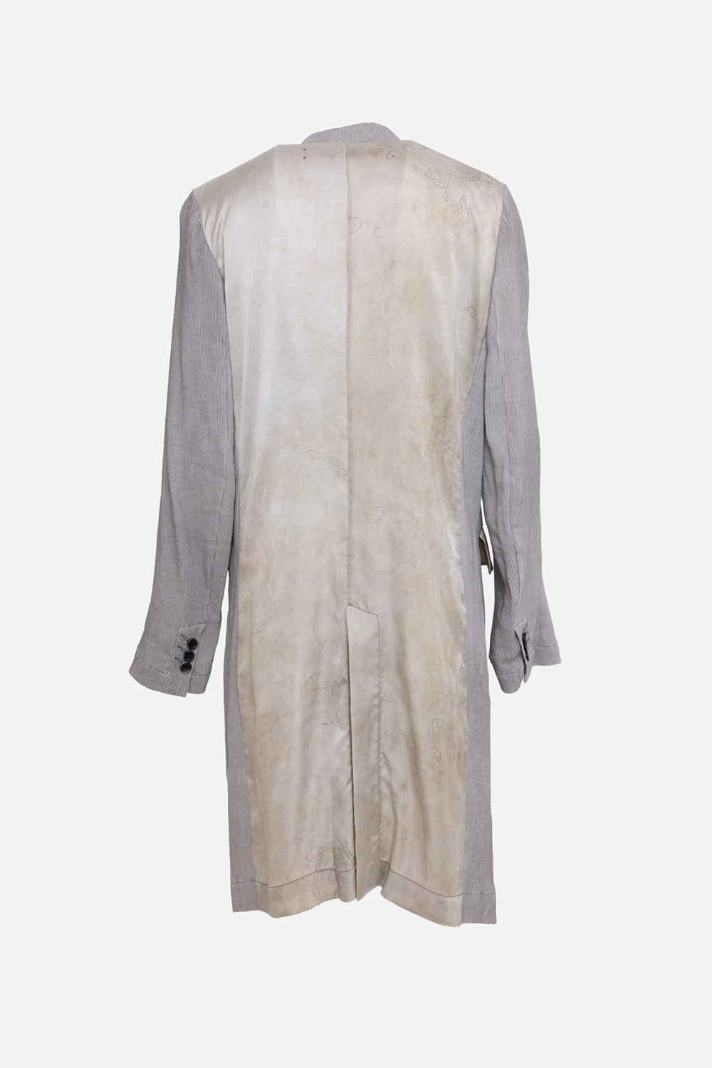 Pre-owned Uma Wang women's coat in grey, back view, contrast back panel and centre vent.