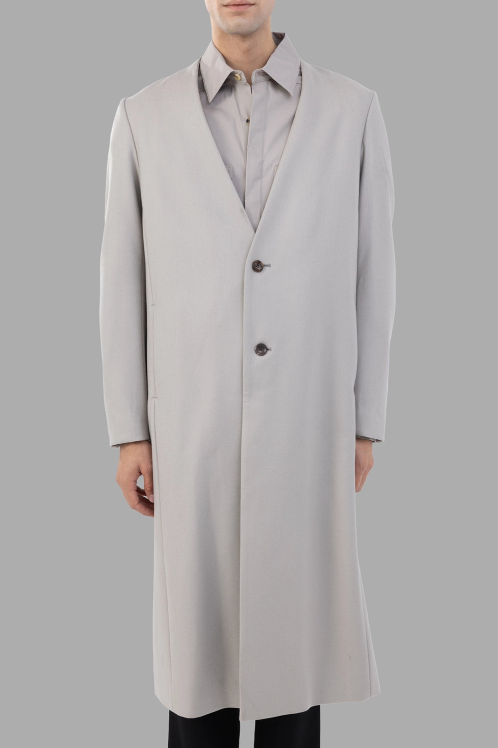 ATTACHMENT coat in light grey, front view, clean placket and side slit pockets