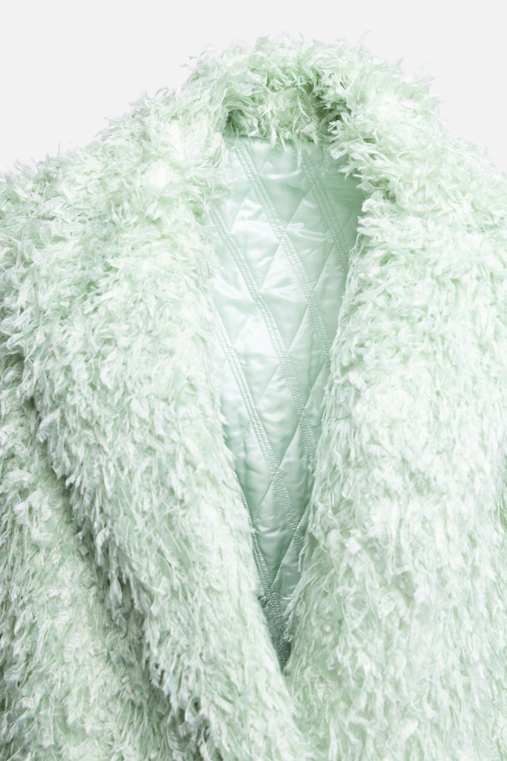 Pre-owned The Attico women's coat in mint green, collar detail view, plush lapel and diamond-quilted lining