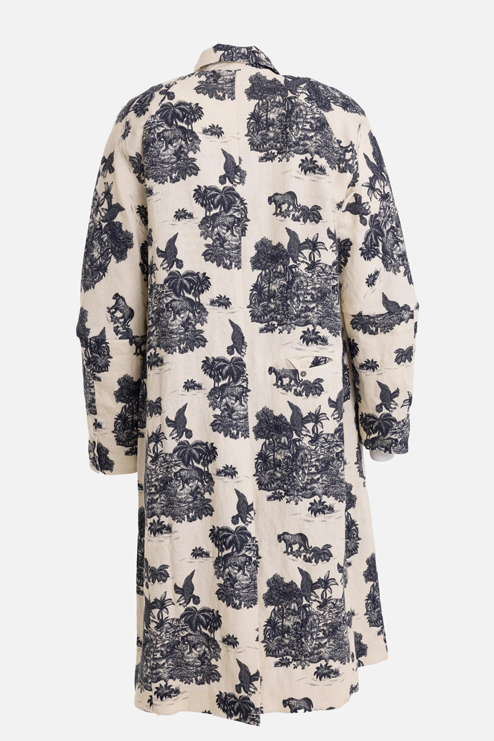 Marc Point men's coat in natural beige, back view, all-over Savannah print and center back seam