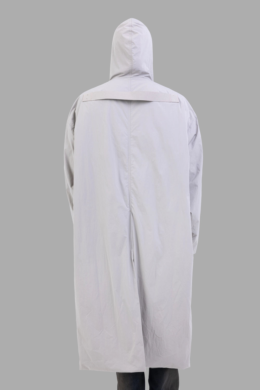 Rick Owens coat in Pearl, back view, cotton webbing strap across yoke